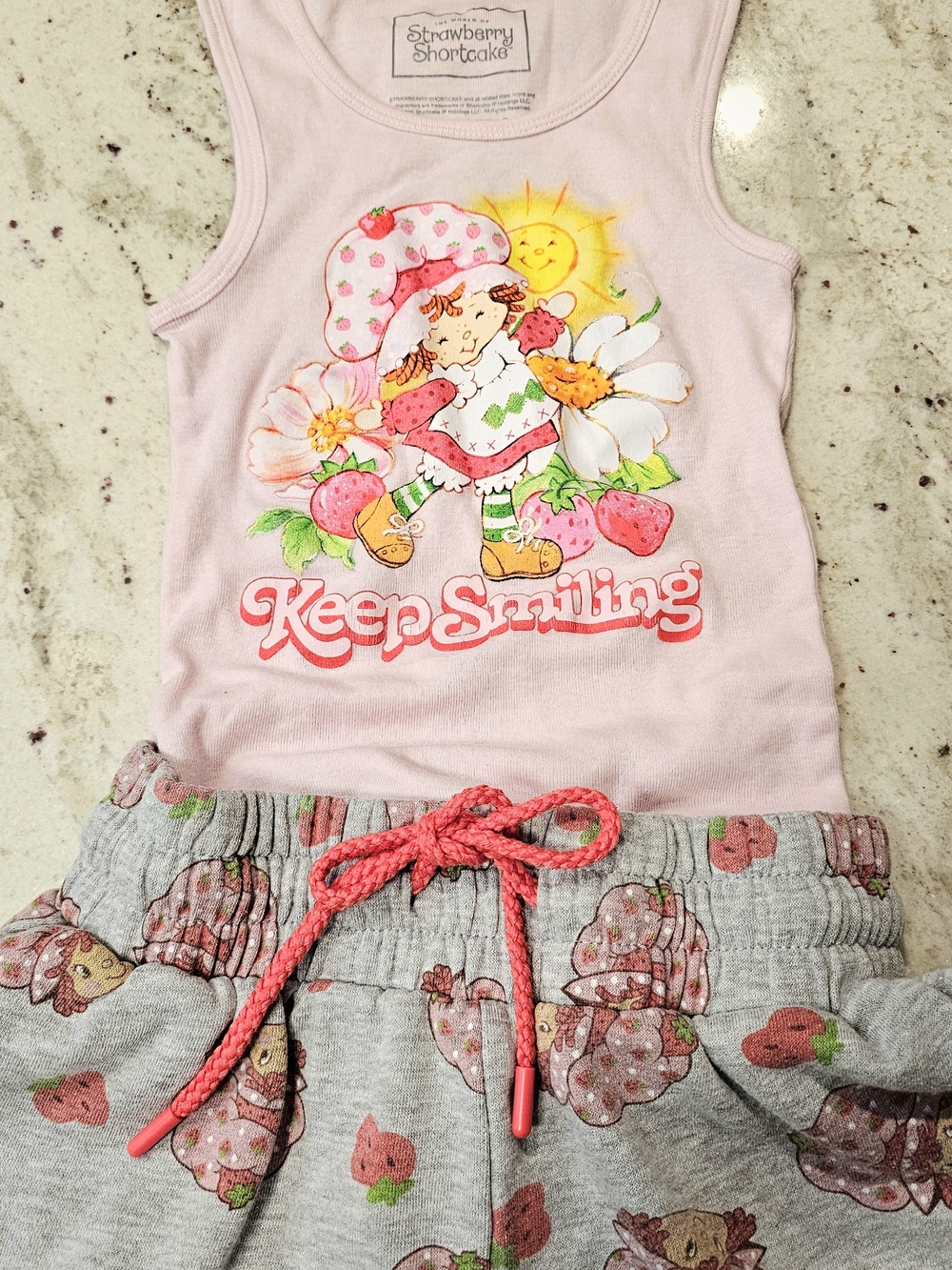 Strawberry Shortcake Keep Smiling 2 Piece Set XS Pink Tank Gray Lounge Short Y2K